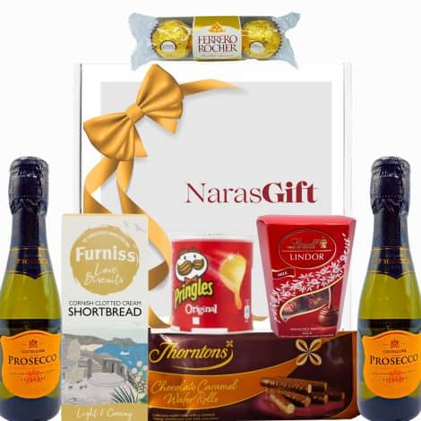 Explore our Prosecco package: Sparkling Women’s Delights Hamper, including two classy bottles, chocolates, biscuits, and wafer rolls. Perfect for couples and birthdays!