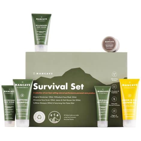 ManCave Survival Gift Set: 6 Men’s Essentials for Grooming, Vegan, Plastic-free, Made in England.