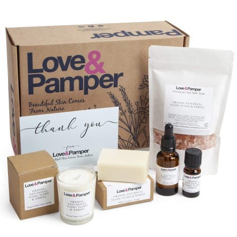 Eco-friendly, British-made pampering gift set for women with calming essential oils for relaxation and self-care.