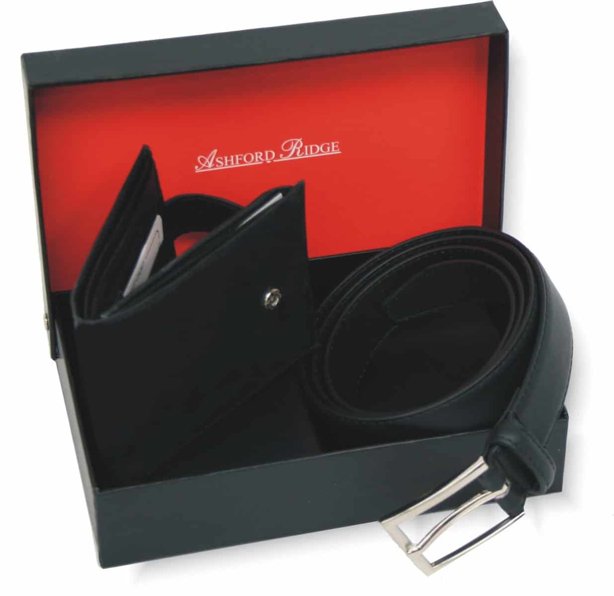 Ashford Ridge Mens Real Leather Belt and Wallet Gift Set - Black Medium