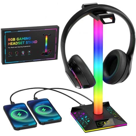 “Stylish black Hcman gaming headset stand with RGB lighting and 2 USB chargers, perfect for gamers.”