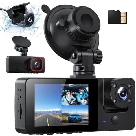 TopView Dash Cam with Triple Cameras, Bonus memory card, Night Vision, Parking Monitor, and G-Sensor.