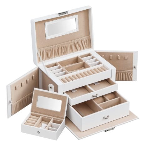 White SONGMICS Jewellery Box with 3 layers, 2 drawers, travel case, lock, and handle. Perfect for gifting.