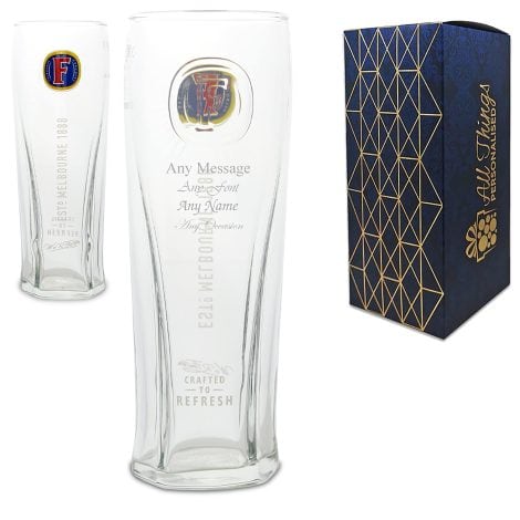 Customizable engraved Fosters pint glass, presented in a gift box, personalize with any message and font style.