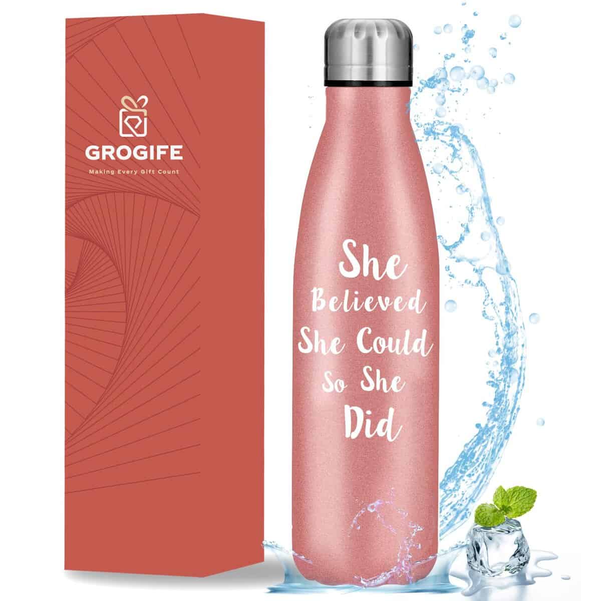 Gifts for Best Friends Women Christmas - Inspirational Secret Santa Gifts for Women Stocking Fillers, Personalised Congratulations Gifts for Women, She Believed She Could So She Did Water Flask 500ml