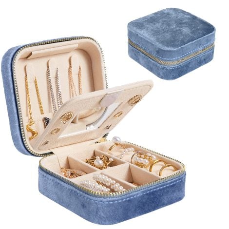 Darbermu Compact Jewelry Organizer: Elegant travel case for jewellery, featuring a dual-layer velvet bag, mirror, and gift box. Perfect for ladies. (Blue)