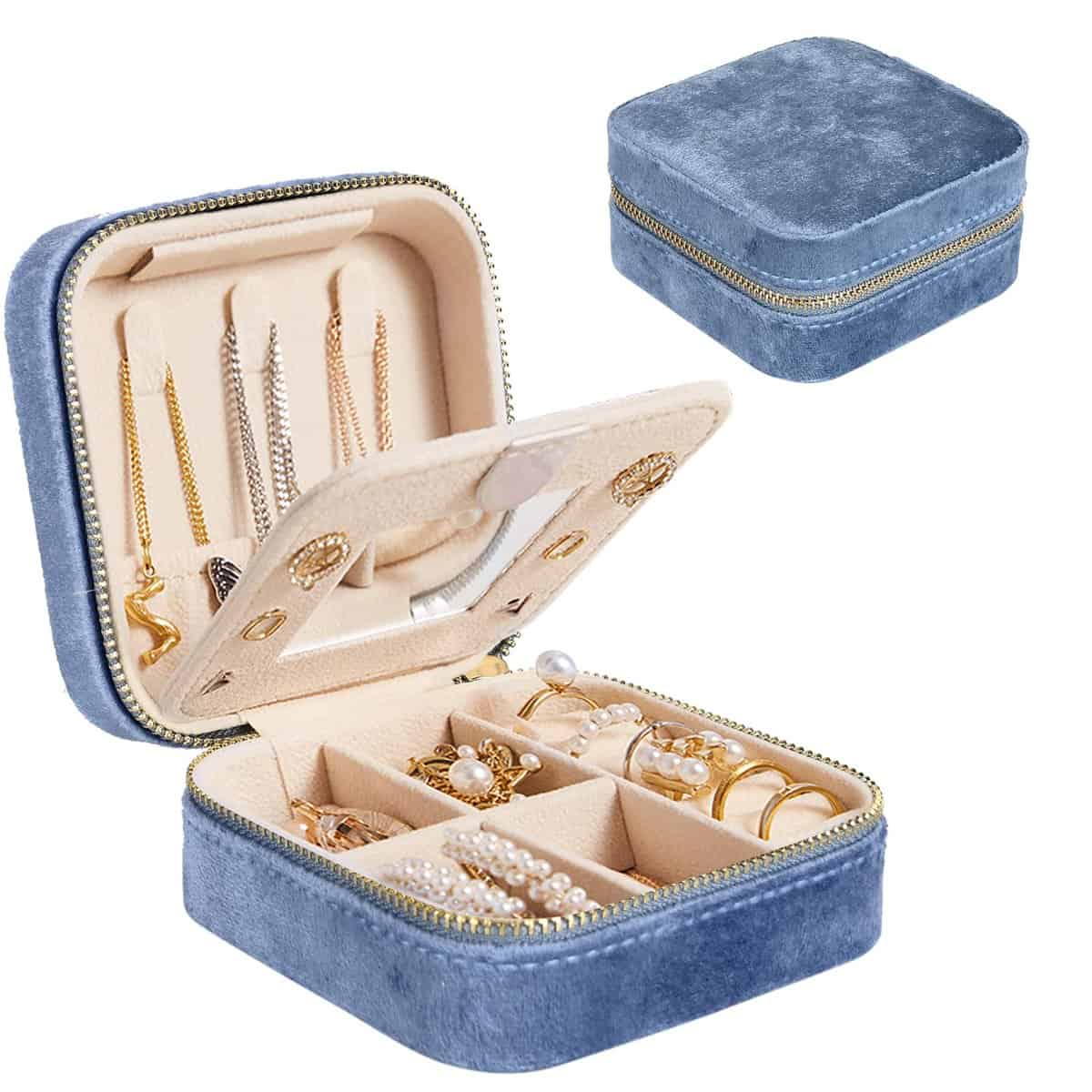 Darbermu Mini Jewelry Box Organiser, Portable Travel Jewellery Case, Velvet Double Layer Jewelry Bag with Mirror, Rings Earrings Necklace Bracelets Jewelry Gift Box Girls Women (Blue)