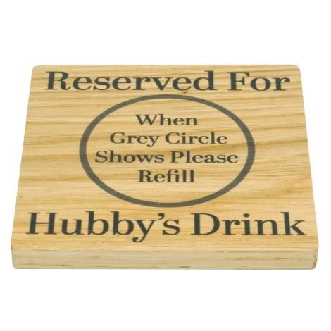 “Solid Oak Coaster for Hubby’s Drinks – SHG at Home, 10cm x 10cm.”