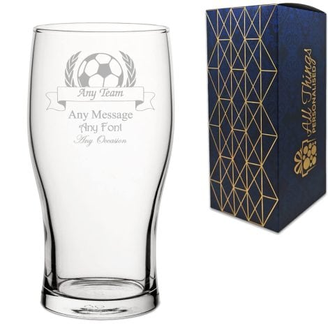 Custom Engraved Pint Glass Football Trophy, Add Any Message, Various Font Options, Includes Gift Box, Laser Engraved.