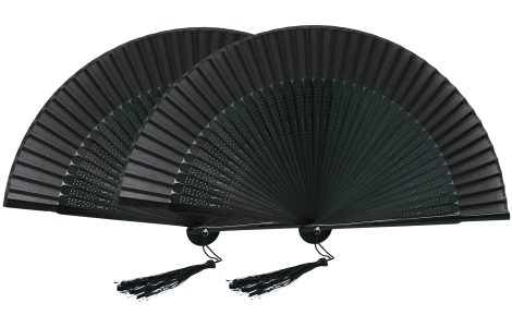 Two black portable folding fans with bamboo and silk, perfect as retro birthday gifts for women.