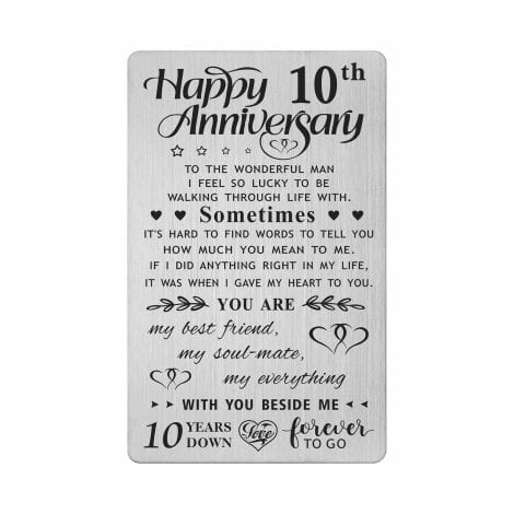 10th Wedding Anniversary Card Gifts for Him Husband, Happy 10 Year Anniversary Card for Men, Engraved Metal Wallet Card.