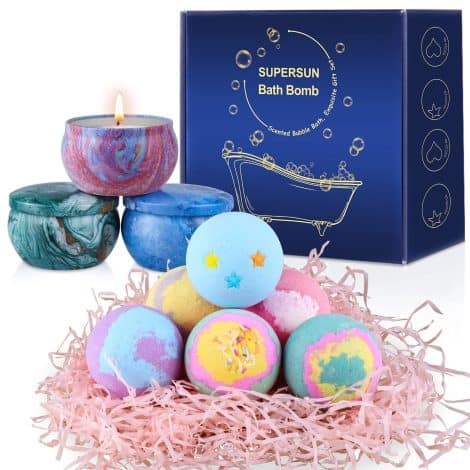 Luxurious set of 6 bath bombs, 3 scented candles, perfect gift for women on special occasions.