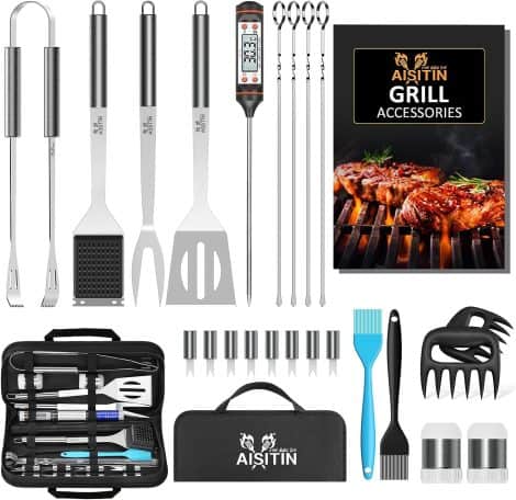 AISITIN 25-piece stainless steel BBQ tool set, perfect for outdoor parties and a great gift for Father’s Day, Christmas, or birthdays.