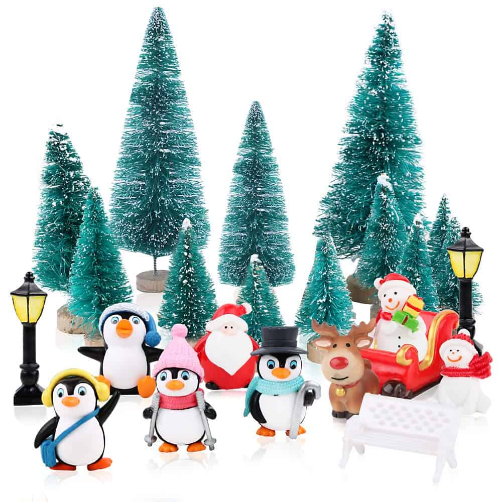 24pcs Christmas Miniature Ornaments - Miniature Christmas Decorations, Mini Christmas Trees, Reindeer, Snowmen, Penguin, Bench, Carriage, Street Light for DIY Craft Resin Christmas Cake Decorations