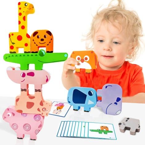 OSLINE Montessori Wooden Animal Blocks: Perfect birthday gift for 1-5 year olds, encourages creativity and learning.