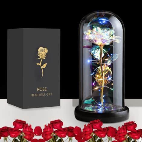 JUSTOYOU Rainbow Rose Glass Dome – Perfect Gifts for Women; Stunning Artificial Flower for Birthdays, Christmas; Beautifully Decorate Homes