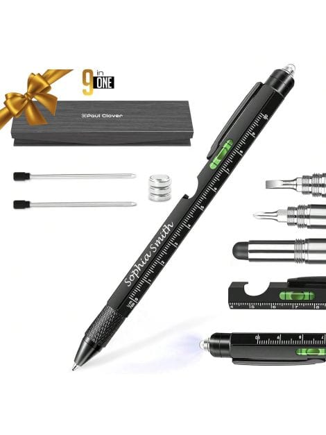 Customised Engraved 9 in 1 Multi Tool Pen Kit; Ideal for Men, including Dad, as Birthday or Christmas Gifts.