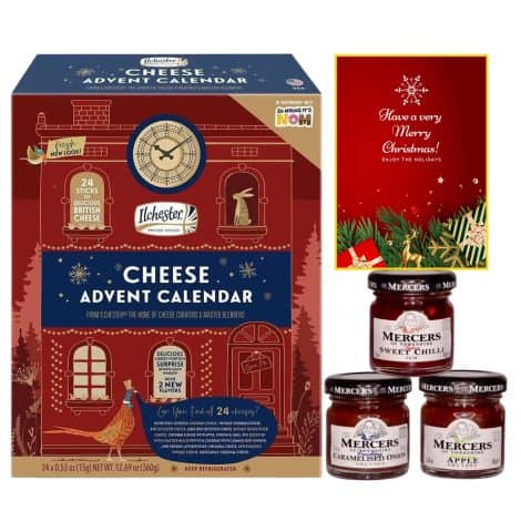 The World’s First Cheese Advent Calendar for 2023, with 24 individually wrapped cheese choices, alongside chutney and a Christmas card. Perfect for cheese lovers as a unique food advent calendar or as a gift set.