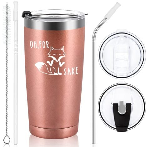 Livole Hilarious Xmas Gifts for Ladies, Besties, Mum, Wifey, Fox Drinking Cup, 20oz Travel Mug with Straw, Keeps Drinks Hot, Rose Gold.