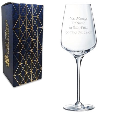 Customized 16oz Aristo Wine Glass, Add Your Own Message for Any Event, Various Fonts, Laser Engraved, Comes with Gift Box.