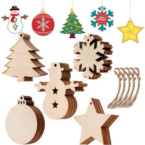 Johiux’s 50-piece DIY Wooden Christmas Ornaments for decorating your Christmas tree with stars, discs, snowflakes, and snowman figures.