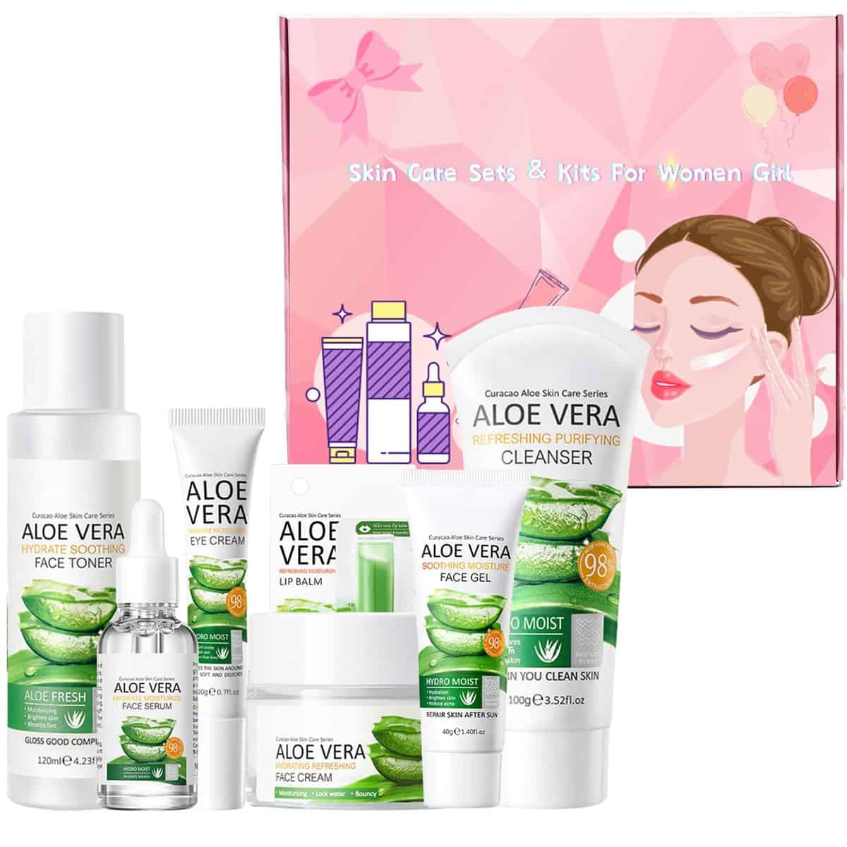 Skincare Gifts for Teenage Girls - Aloe Vera Skin Care Sets & Kits - 7PCS Pamper Gift Sets with Cleanser-Toner-Eye Cream-Serum-Cream-Lip Balm-Face Gel - Hydrate Moisturize Improve Refresh Lock Water