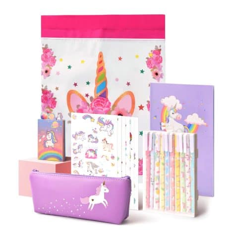 “A magical present for girls aged 6-12, the Anyfirst Unicorn Stationery Gift Set includes 37pcs in purple.”