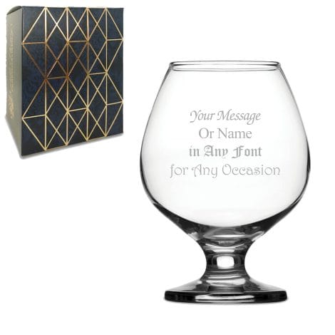 Customized laser-engraved 14oz Presto Brandy Glass, comes with a gift box and options for various fonts.