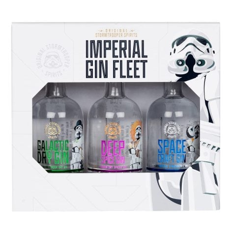 Gift set of three Stormtrooper Imperial Gin bottles, perfect for British Star Wars fans.