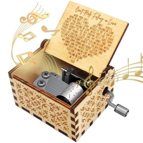 “Engraved Wood Music Box – Can’t Help Falling in Love. Sentimental gift for your loved one’s special occasions.”