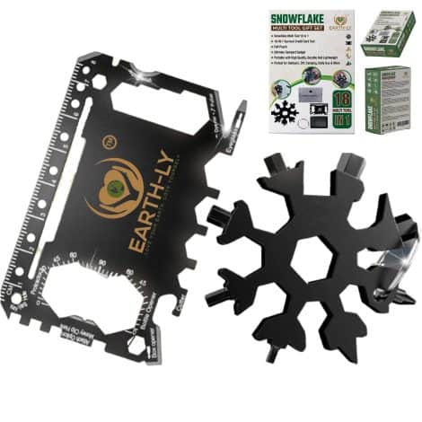 Snowflake tool keyring & survival credit card kit with 33 handy stainless steel tools, perfect for travel and outdoor activities. Great gifts from a UK brand.