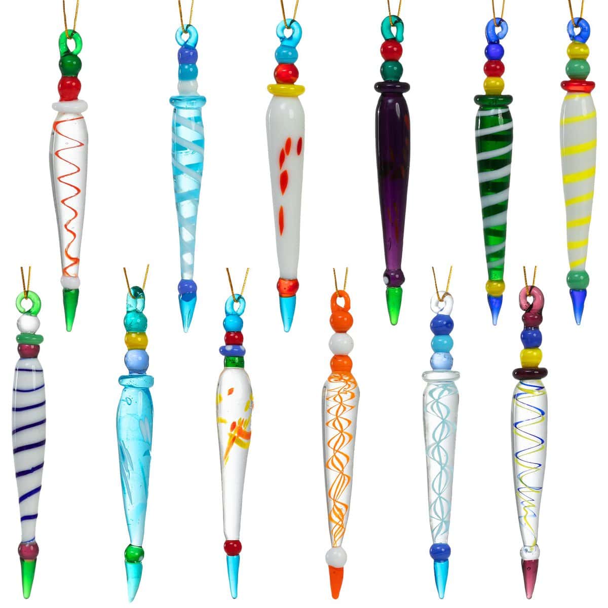 12Pcs Colorful Icicle Glass Ornaments, Christmas Glass Ornaments for Christmas Tree Decorations 3.5-3.7" Long Glass Ornaments in 12 Different Designs