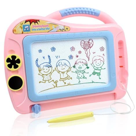 Durable, travel-friendly, pink magnetic drawing board for toddlers with enclosed back panel – perfect birthday gift.