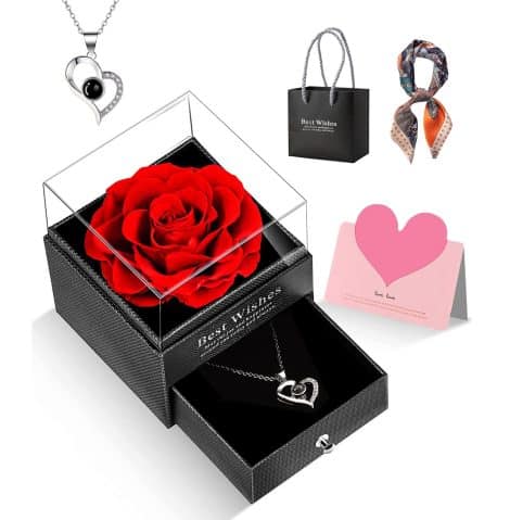 Eternal Rose Flower Gift Set with “I Love You” Necklace in Box for Mum, Girlfriend, or Wife. Perfect for special occasions.