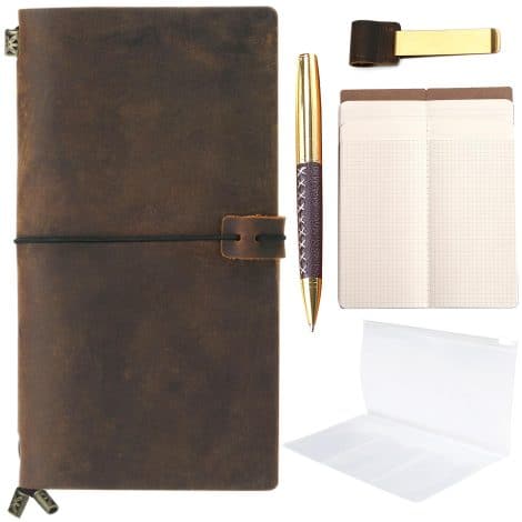 Eco-friendly Leather Notebook, Sustainable Travellers Journal for Men and Women, Vintage Travel Diary with Pen.