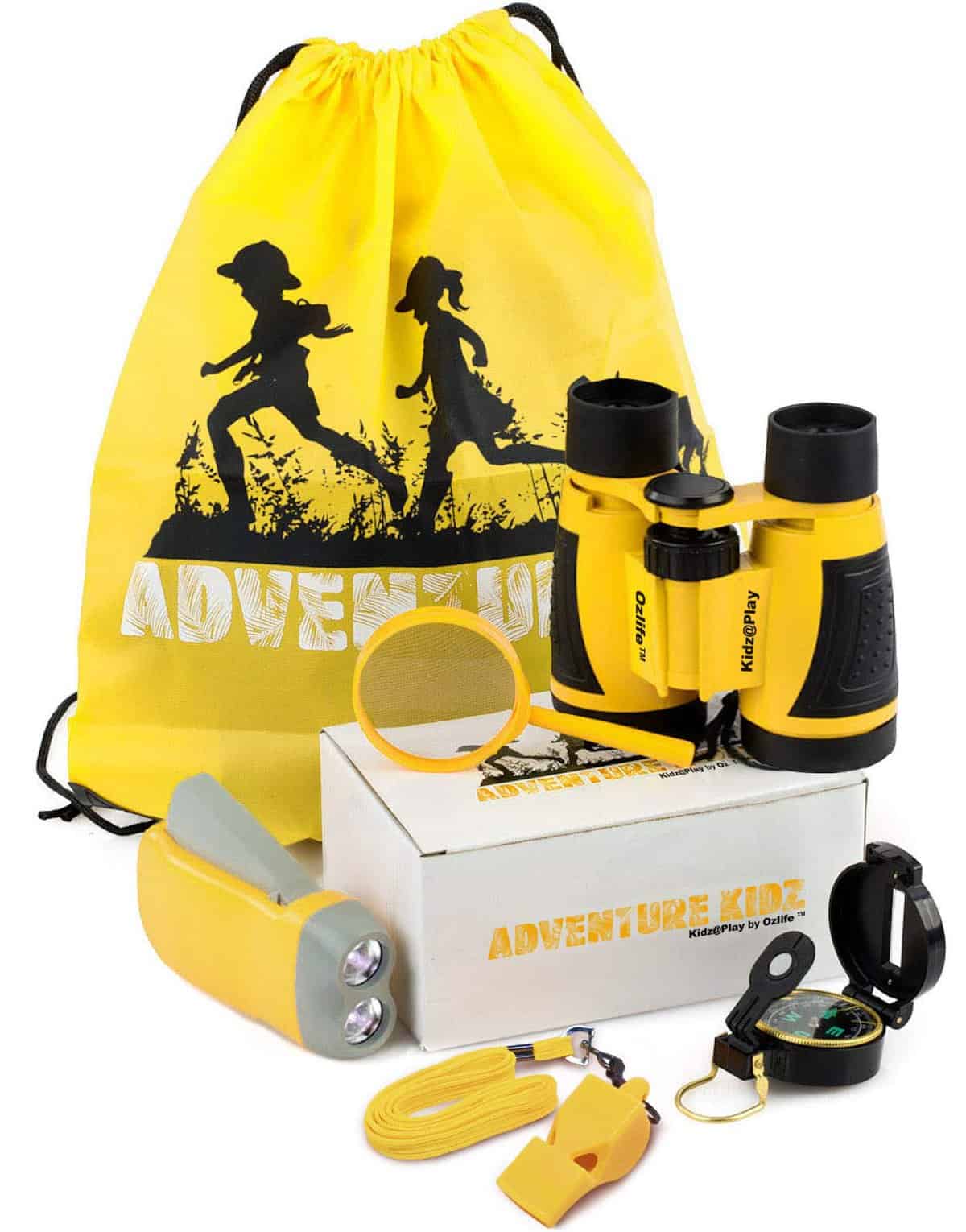 Adventure Kid Outdoor Exploration Kit, Yellow Backpack, Binoculars, Magnifying Glass, Lensatic Compass, Torch, Fox Whistle for Boys and Girls