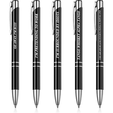 “Goodbye Gifts for Colleagues” – Set of 5 retractable black ink pens with fun designs, perfect for office use or as leaving gifts.