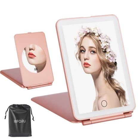 ISFORU Portable LED Travel Mirror with 5x Magnification and 3 Colored Lights – Ideal for Makeup on the Go! Perfect Gift for Ladies.