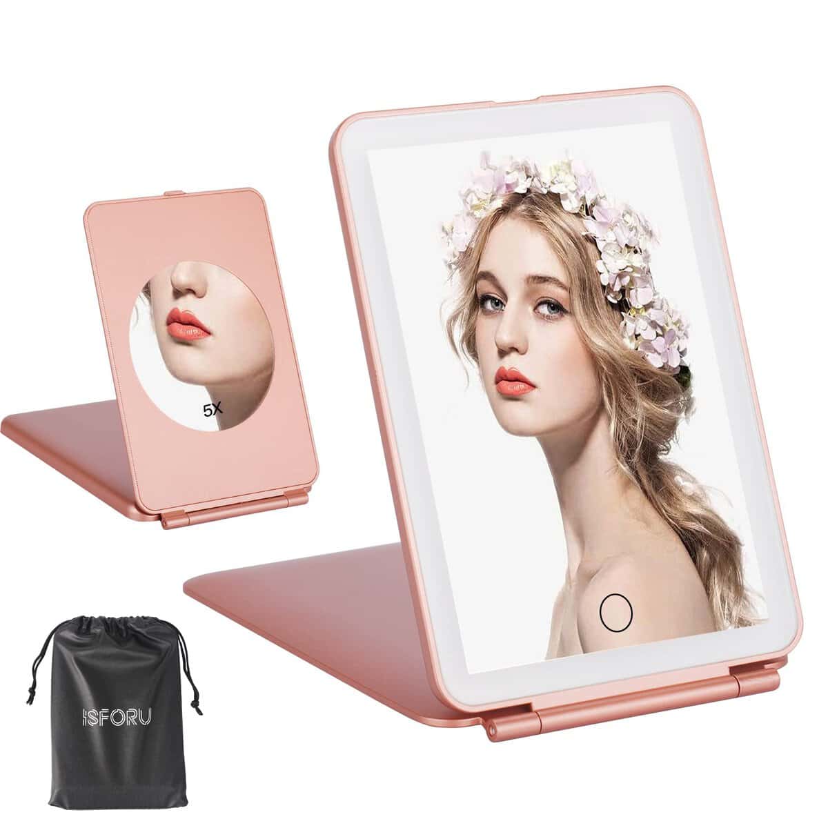 ISFORU LED Travel Mirror With 5x Magnification, 3 Colour Light Rechargeable Portable Compact Vanity Mirror for Travel, Makeup & Beauty Needs, Christmas Birthday Valentines Gift for Girls Women