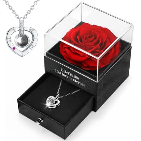 Eternal Rose Gift Set: Preserved Real Rose with I Love You Necklace, Handmade for Her. Ideal for Special Occasions.