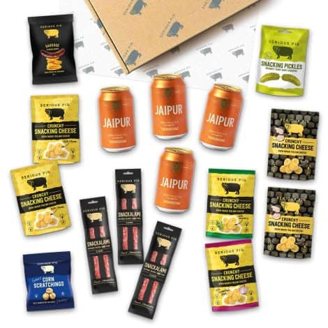 “Ultimate British Craft Beer Hamper: a Tasty Combo of Crunchy Cheese Snacks, Pork Charcuterie, and Pale Ale.”