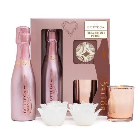 Bottega Rose Brut Sparkling Wine Gift Set – Bottega Rose 200ml, Scented Candle & Bath Roses. Ideal Christmas present for ladies.