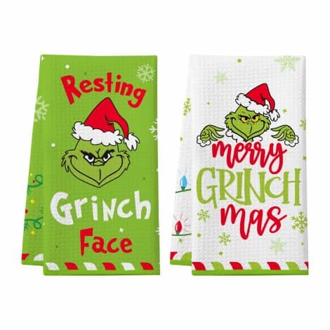 Humorous Xmas Tea Towels, Set of 2 Festive Dish Towels, High Absorbency Waffle Hand Towels, Adorable Xmas Decor, Fun Gifts for All.