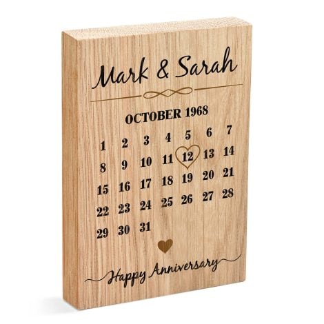 Gifts to celebrate milestone anniversaries for couples personalized with anniversary dates on oak wood blocks.