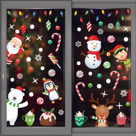 Get festive with 64 reusable Christmas window stickers – perfect for decorating your living room windows!