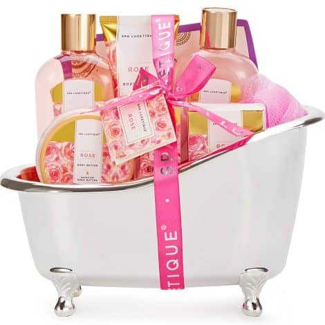 Luxurious spa gift set with rose-scented body lotion, body butter, bath bombs – perfect for gifting on Christmas or birthdays.