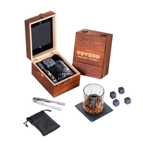 Whisky Lovers’ Gift Set – 4 cooling stones, rock glass, and slate coasters, a perfect gift for men.