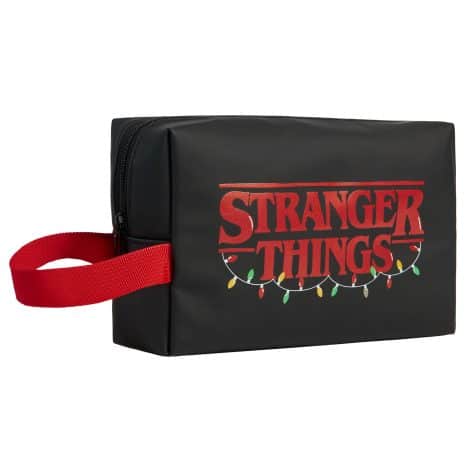 Black and red Stranger Things wash bag for women, men, and teenagers. Ideal for travel, gym, and holidays. Great gift for her.