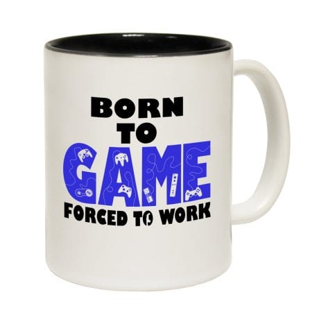 Quirky gaming mug for nerds and geeks: 123t Funny Mugs Born to Game Forced Work. Perfect Secret Santa gift!