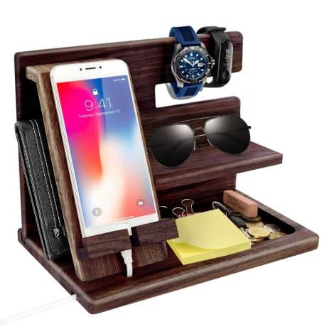 Wooden phone station, bedside organizer with compartments for wallet, watch, perfect gifts for men.